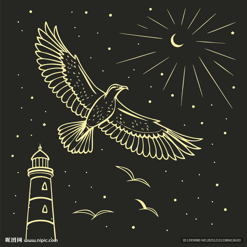 夜空下灯塔旁展翅的飞鸟