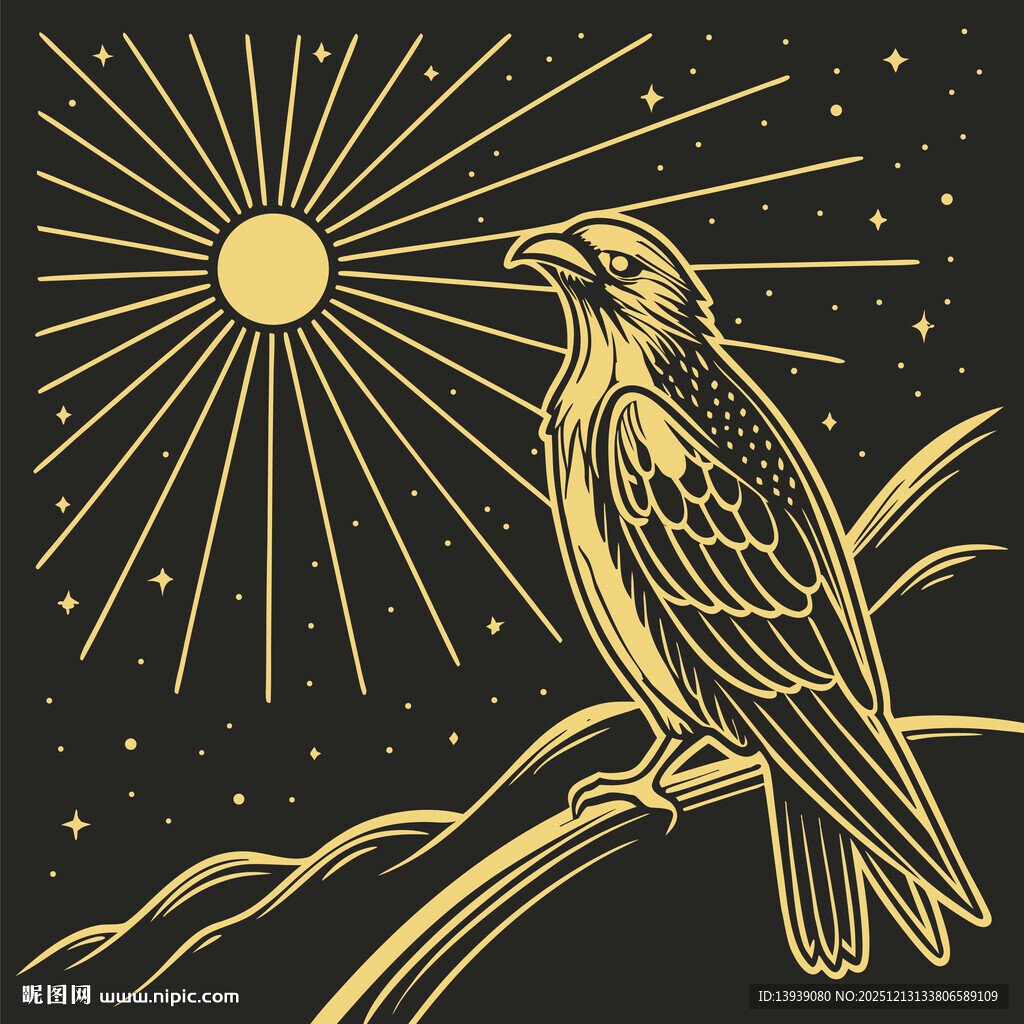 夜空中栖于枝头的金色飞鸟