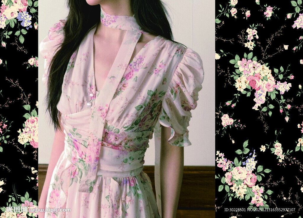 复古碎花裙少女优雅姿态