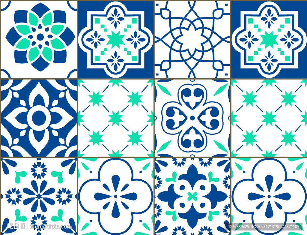 蓝白几何花纹瓷砖图案