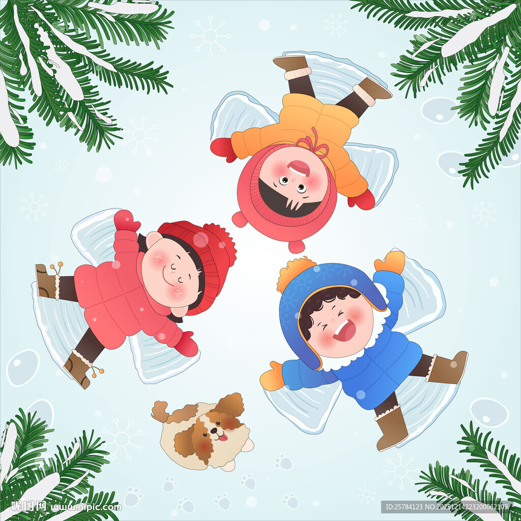 冬季雪天孩子和小狗户外玩耍滑雪