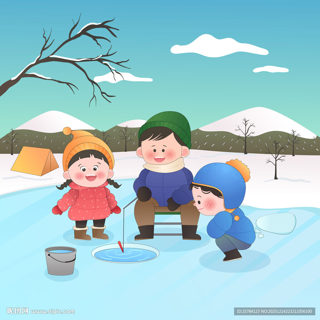 冬季雪天孩子和爸爸雪地露营冰钓