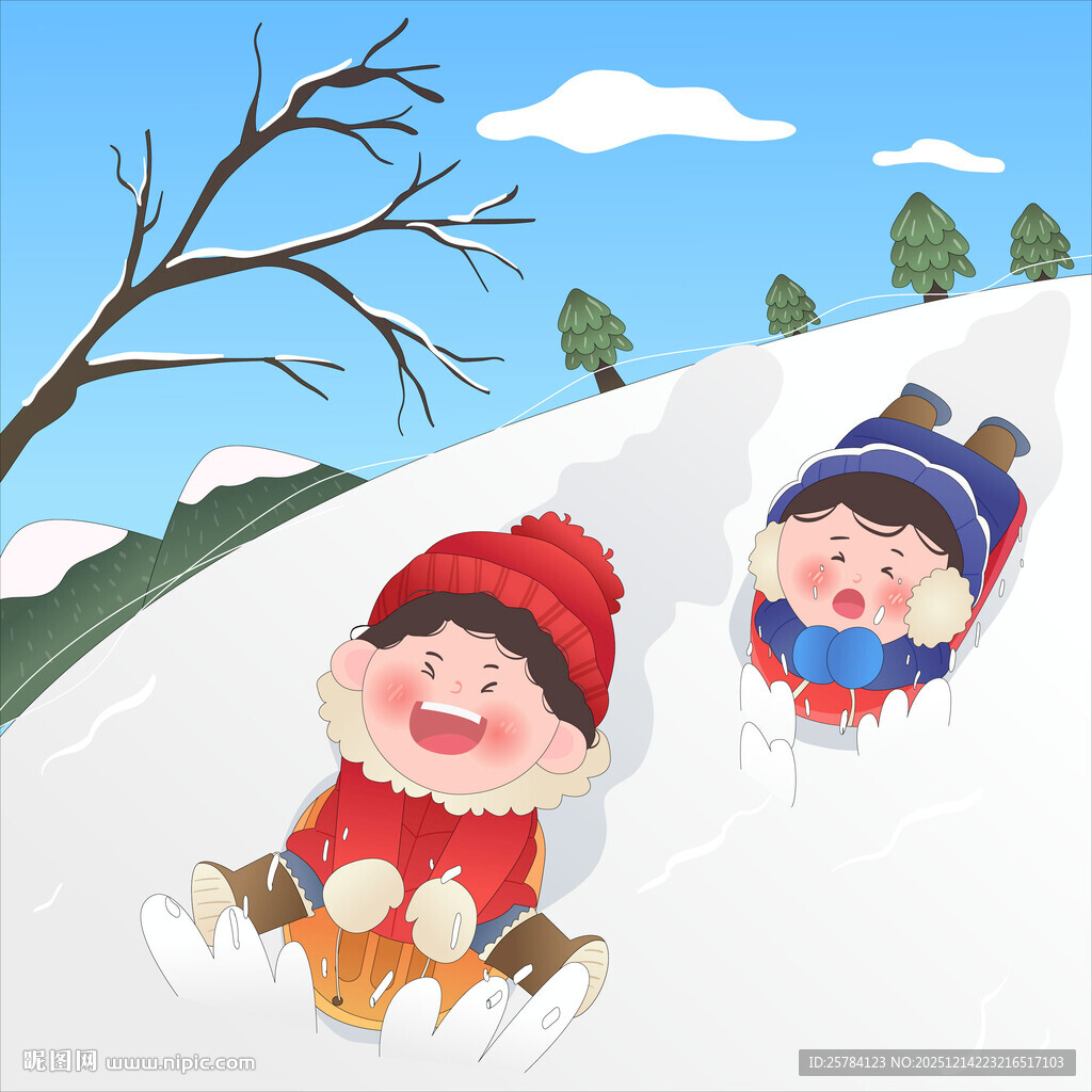 冬季雪天孩子滑雪场雪橇滑雪插画