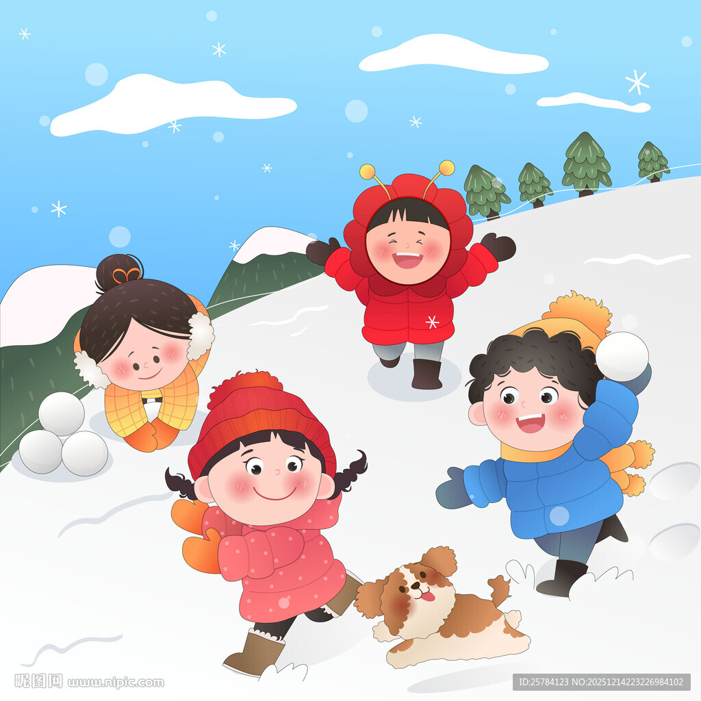 冬季孩子和小狗雪地玩耍嬉戏奔跑