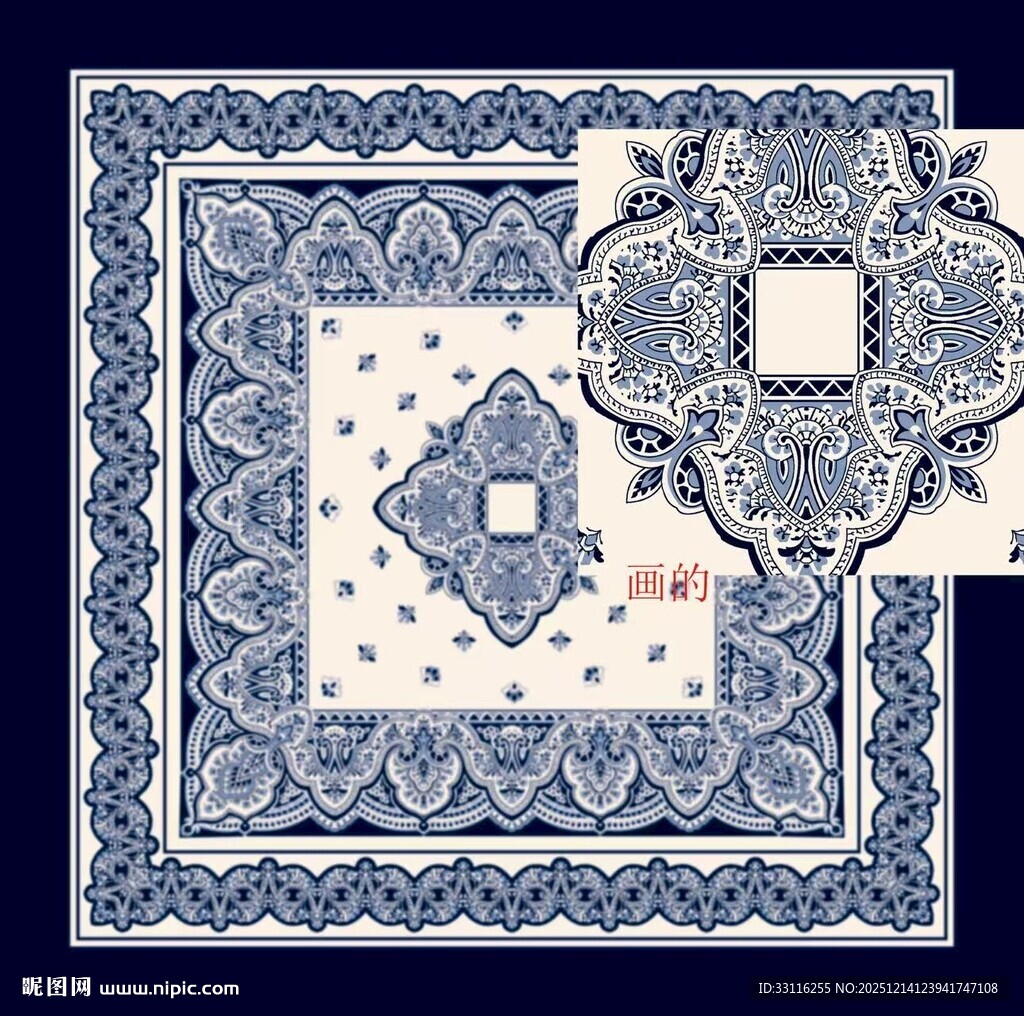 蓝白几何图案复古风方巾