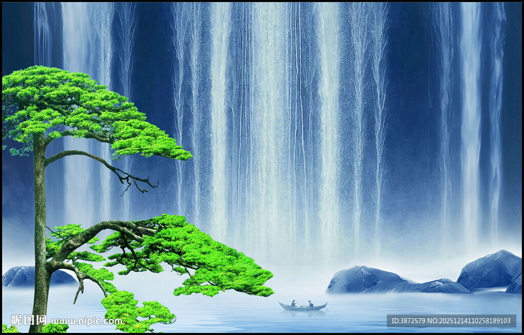 蓝色瀑布山水画