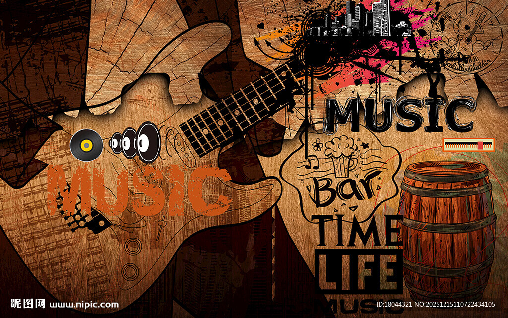 个性木板音乐涂鸦酒吧工装背景墙