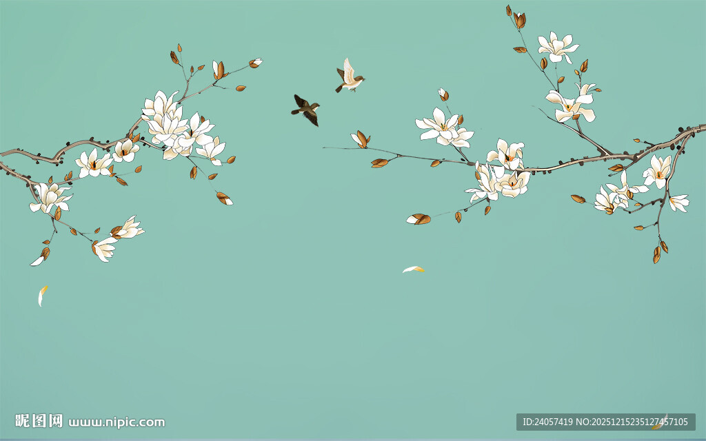 新中式工笔花鸟玉兰花背景图