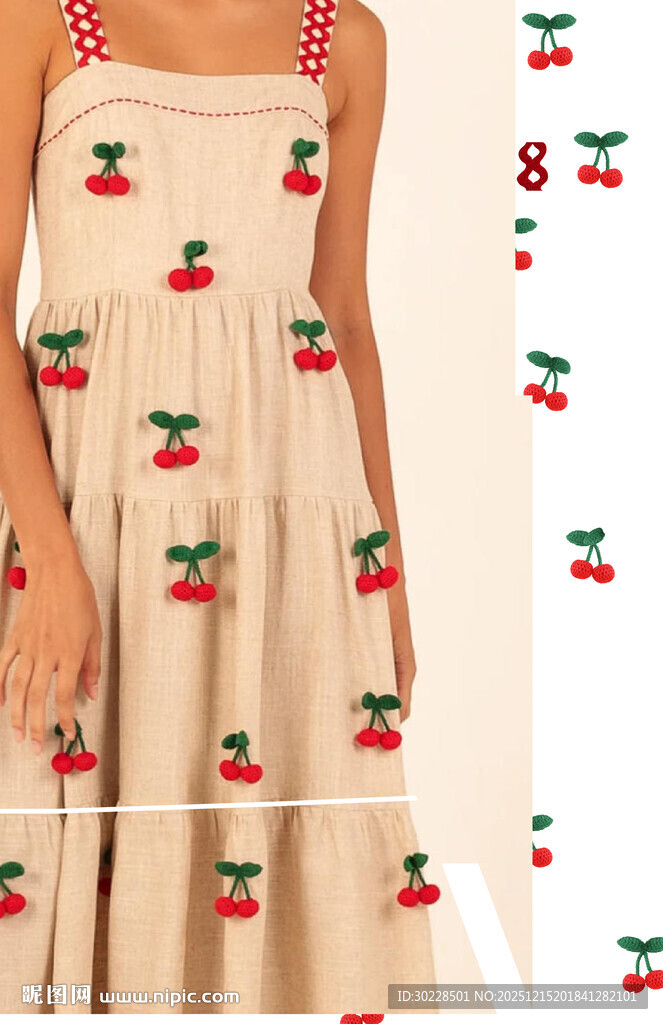 樱桃印花吊带米色连衣裙