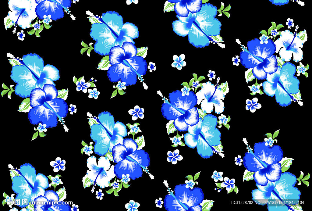 蓝白花卉黑色背景图案