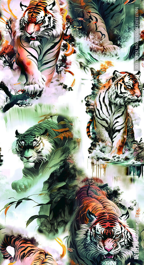 多彩老虎图案印花布料