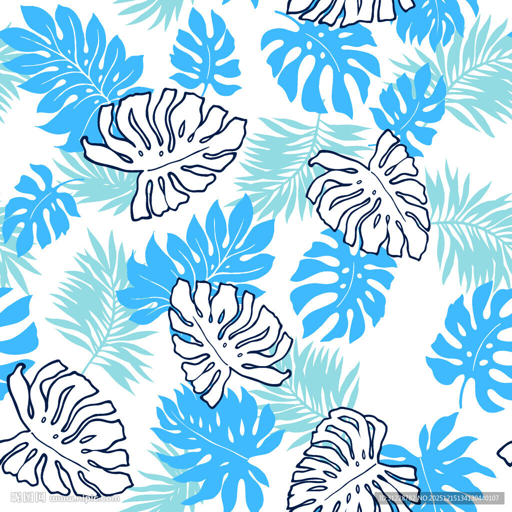 蓝白热带植物花纹图案