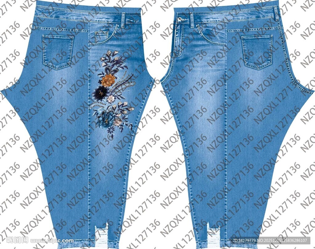 蓝色破洞牛仔长裤