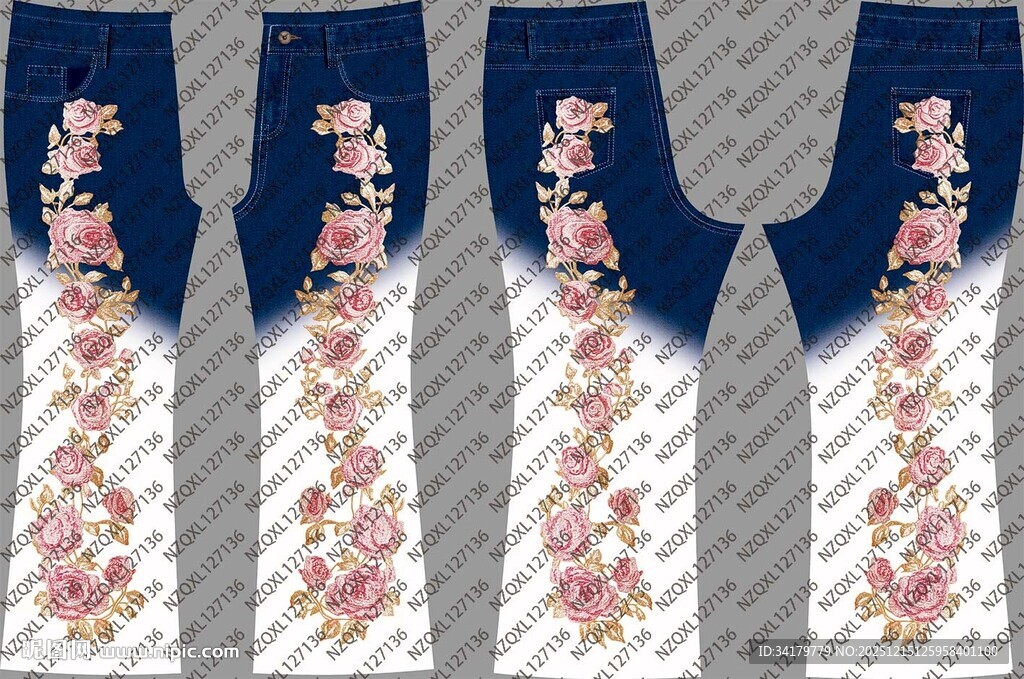 花卉刺绣牛仔长裤设计图