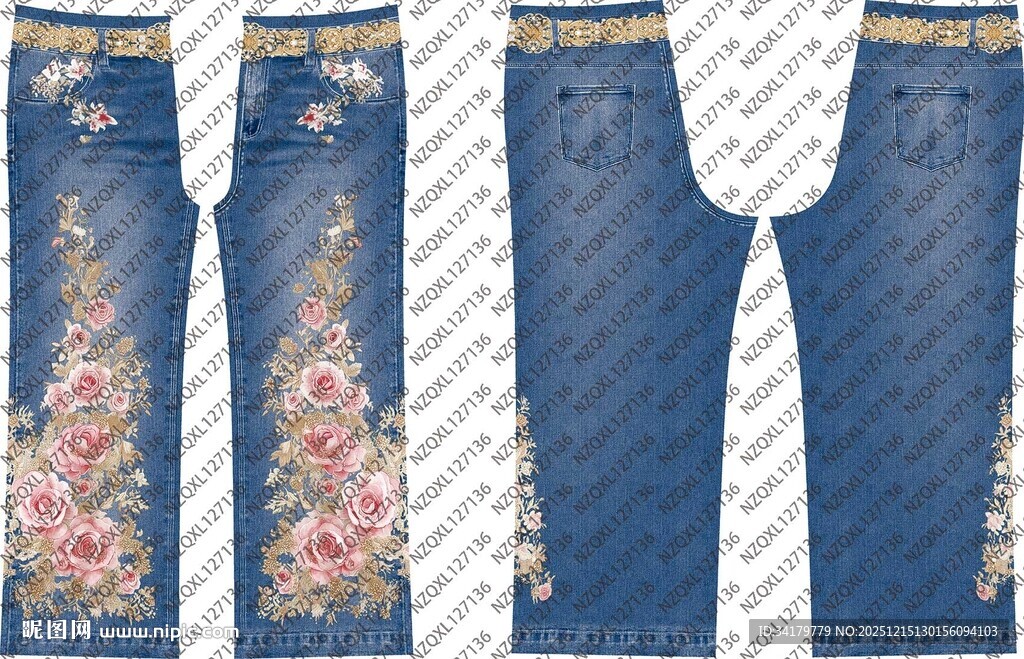精美刺绣牛仔长裤展示