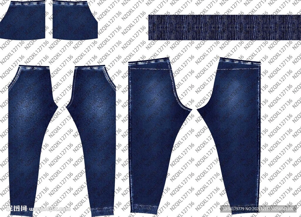 多款蓝色牛仔裤款式展示