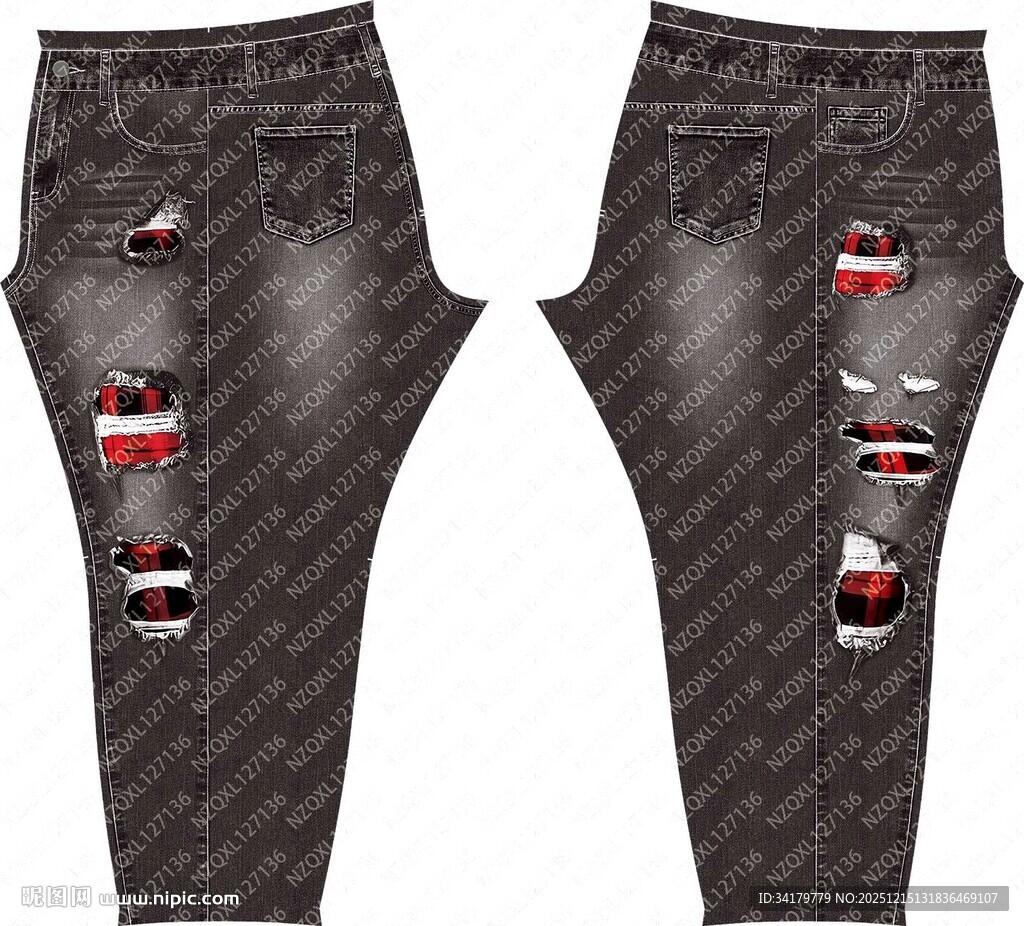 个性破洞印花牛仔长裤