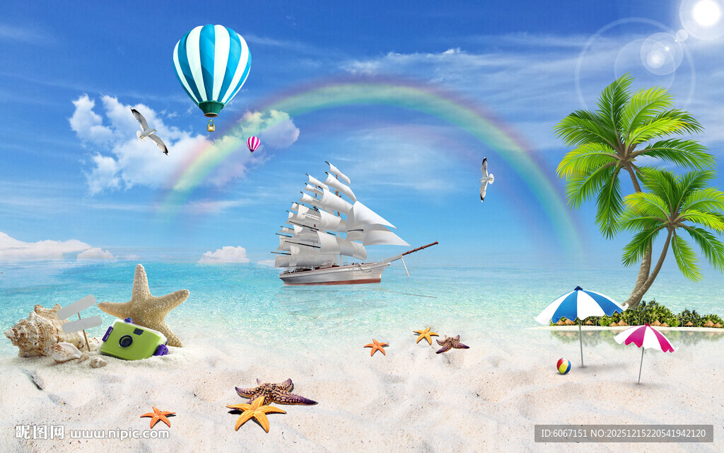 蓝天大海沙滩椰树背景墙