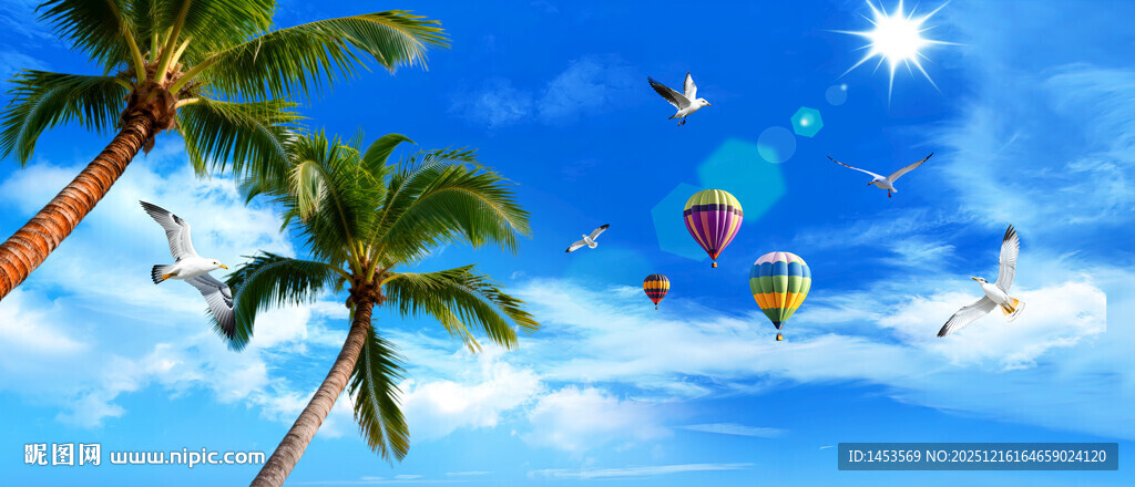 蓝天白云椰子树