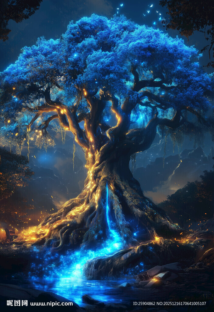 奇幻蓝树与流动蓝光景观