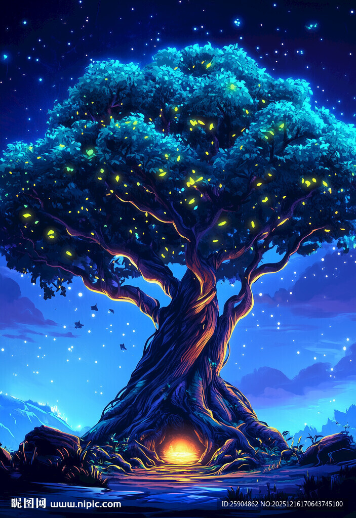 梦幻星空下的发光魔法树