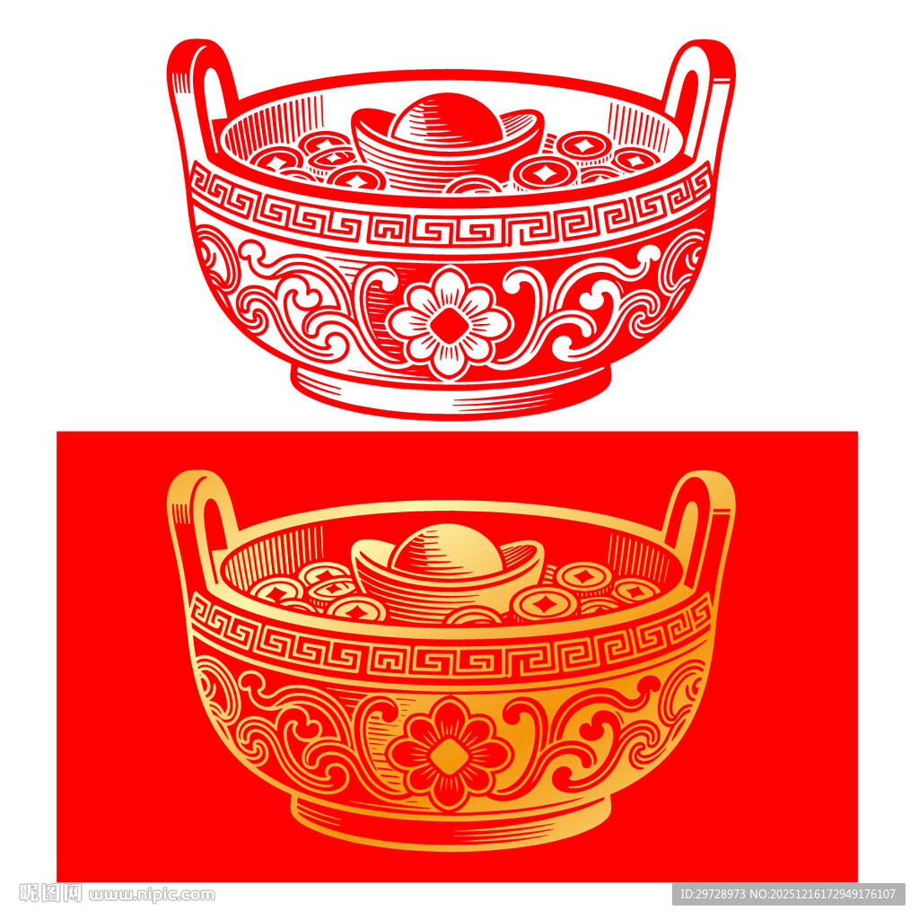 传统中式金元宝纹聚宝盆