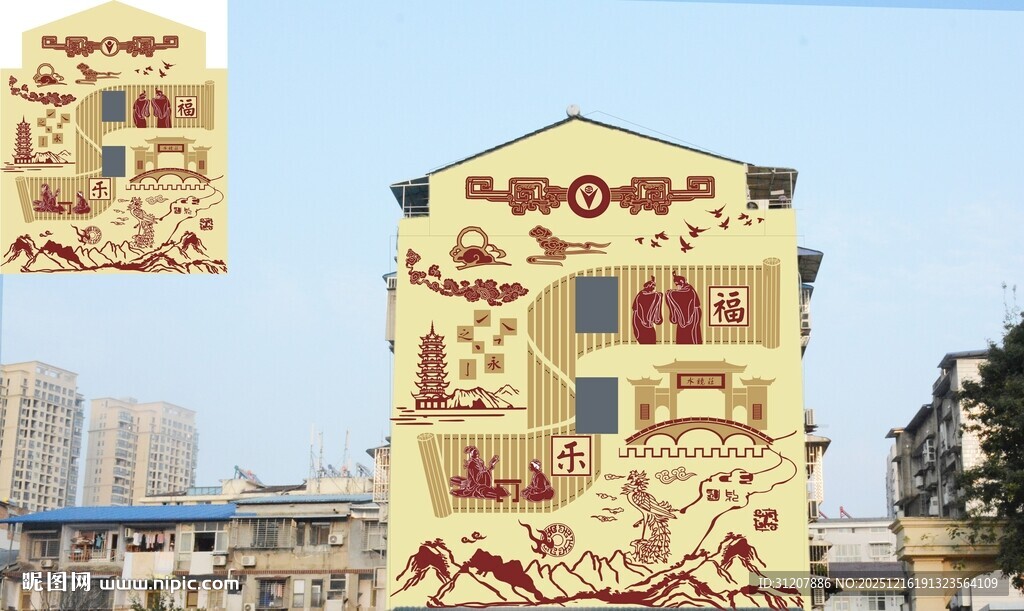 传统文化墙绘建筑尽显古韵