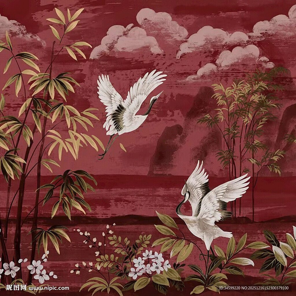 新中式双鹤图背景墙壁画