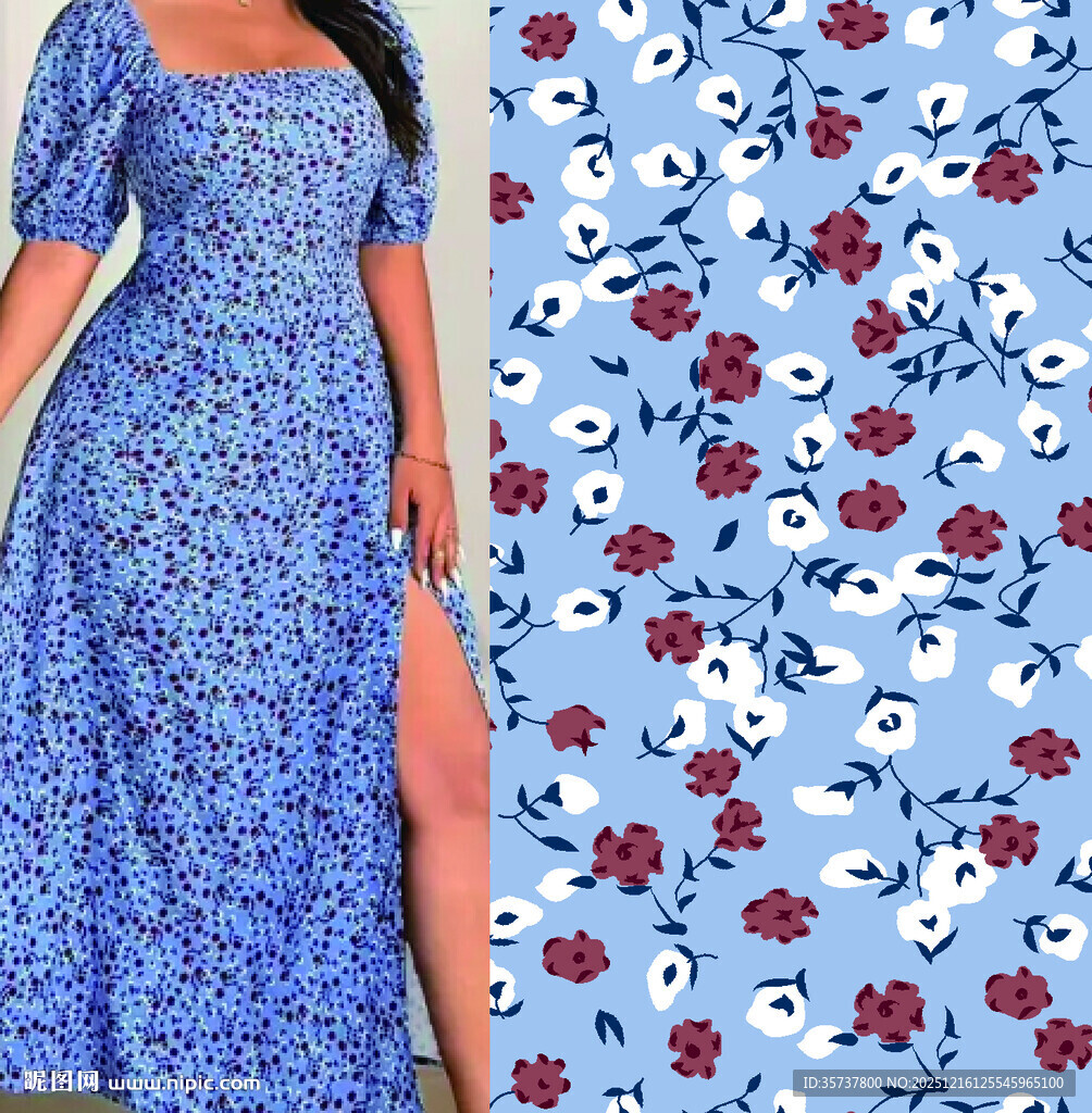 蓝色碎花连衣裙及面料图案