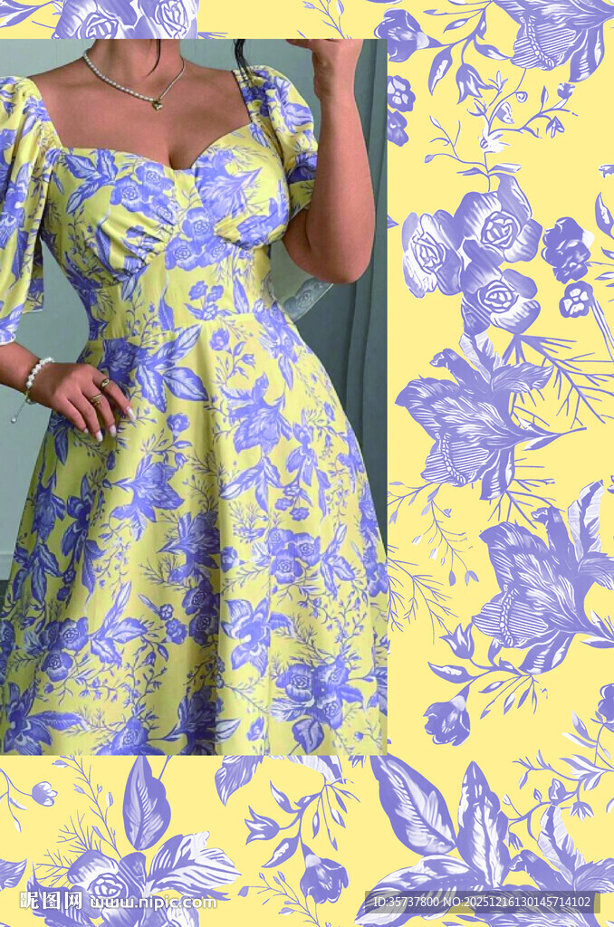 蓝黄花卉连衣裙模特展示