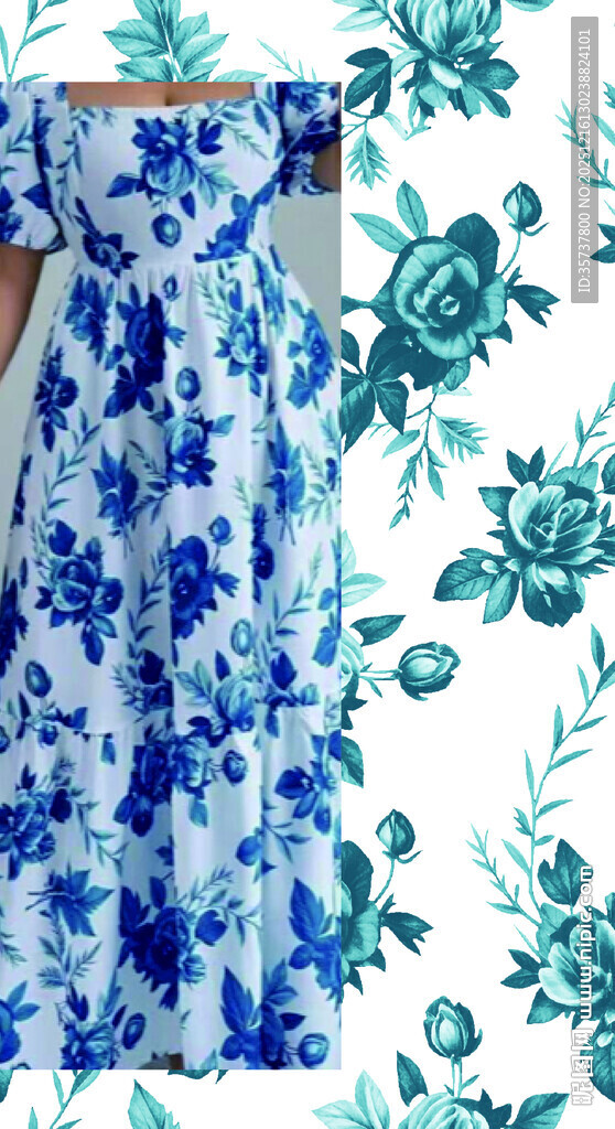 蓝白花卉图案女士连衣裙
