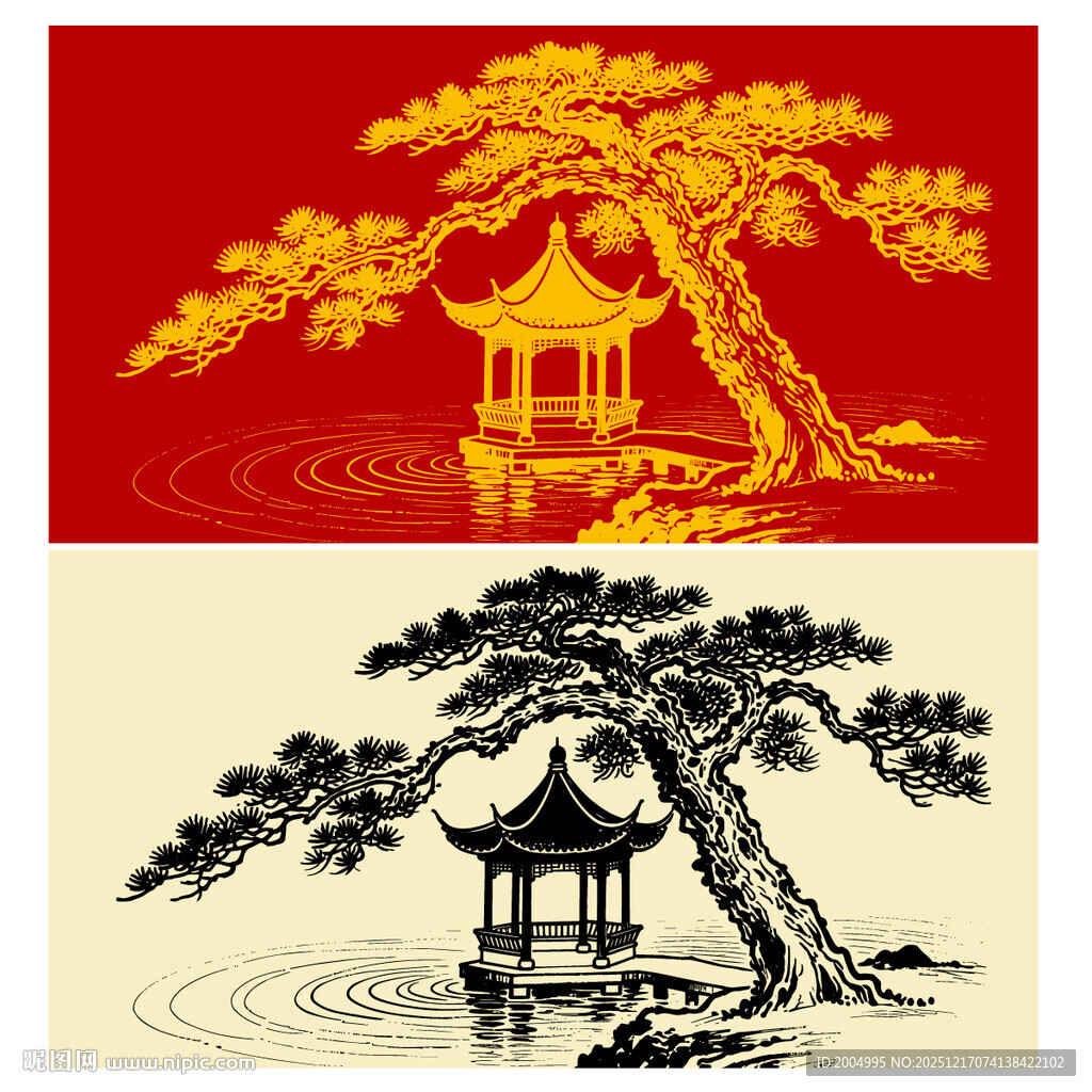 中式松亭图案设计素材