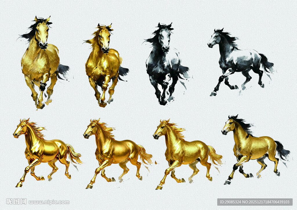 金色与黑色奔腾骏马图