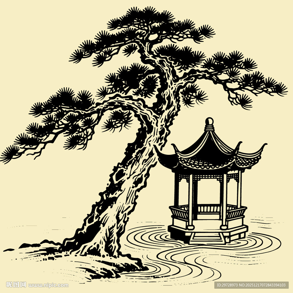 中国风长寿松古亭水波纹矢量图