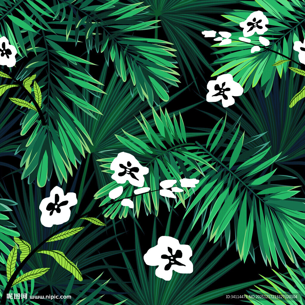 热带花卉与棕榈叶图案