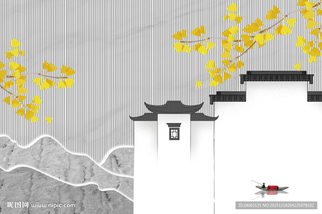 水墨风银杏徽派建筑背景墙