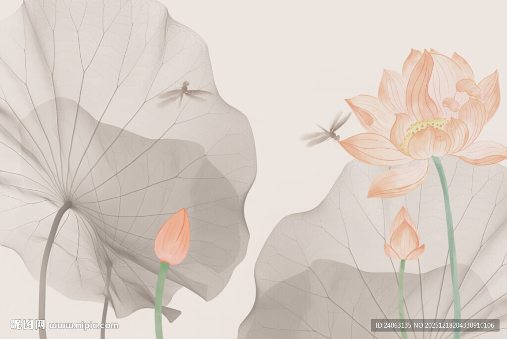 古典水墨荷花背景墙