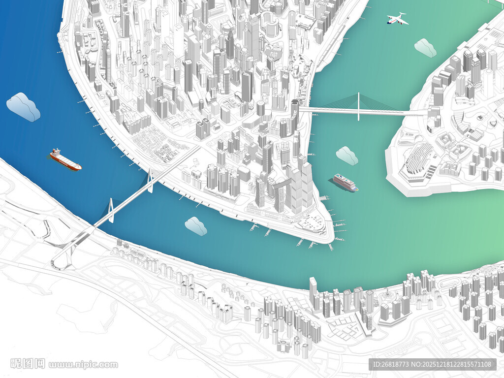 重庆三维鸟瞰两江交汇线稿