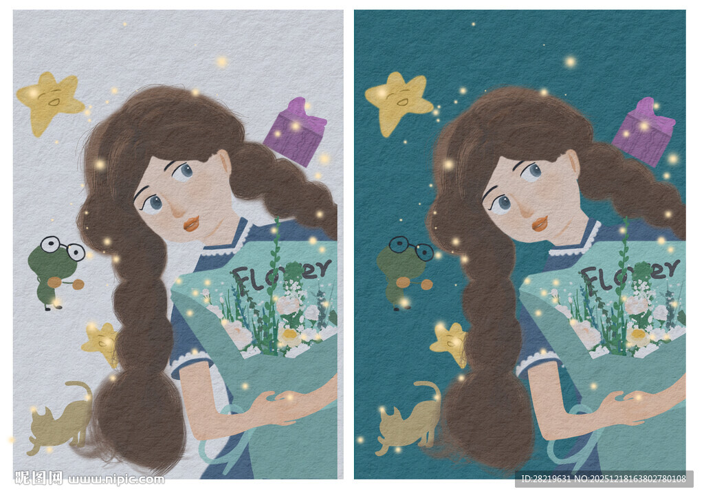 女孩捧花插画 梦幻氛围