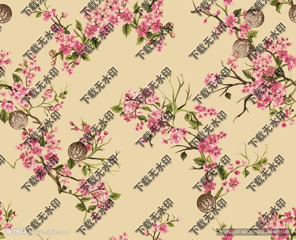 桃花粉色花卉小鸟图案背景