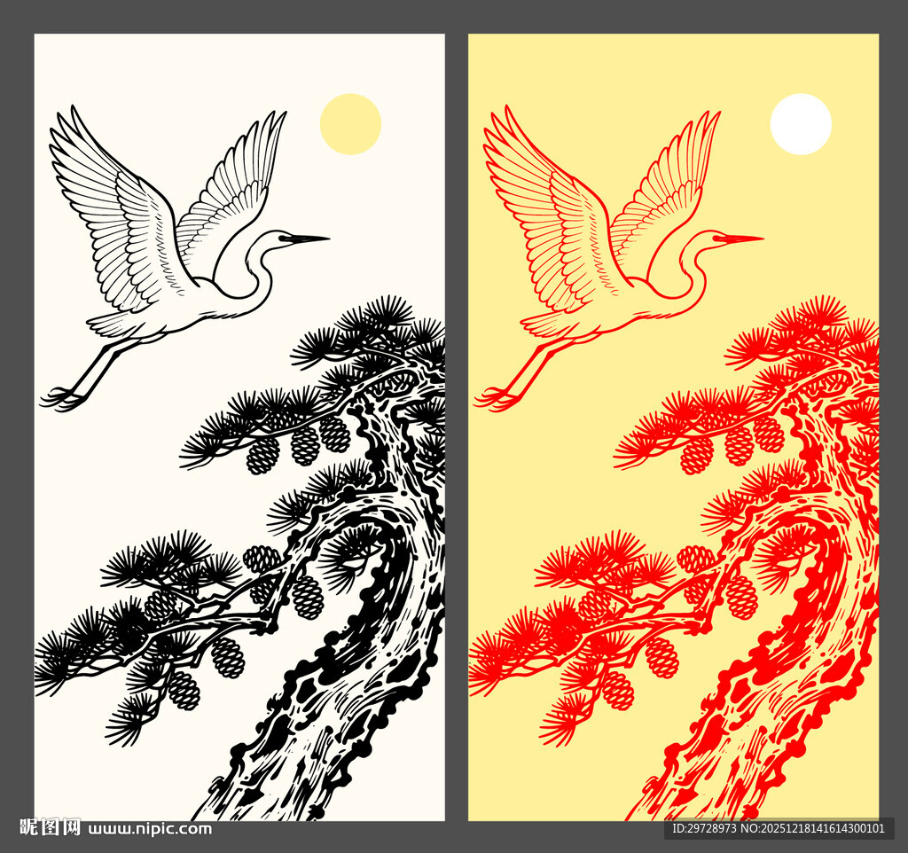 中式金纹仙鹤山水图