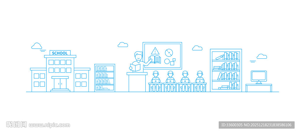 学校学生课堂矢量扁平线条插画