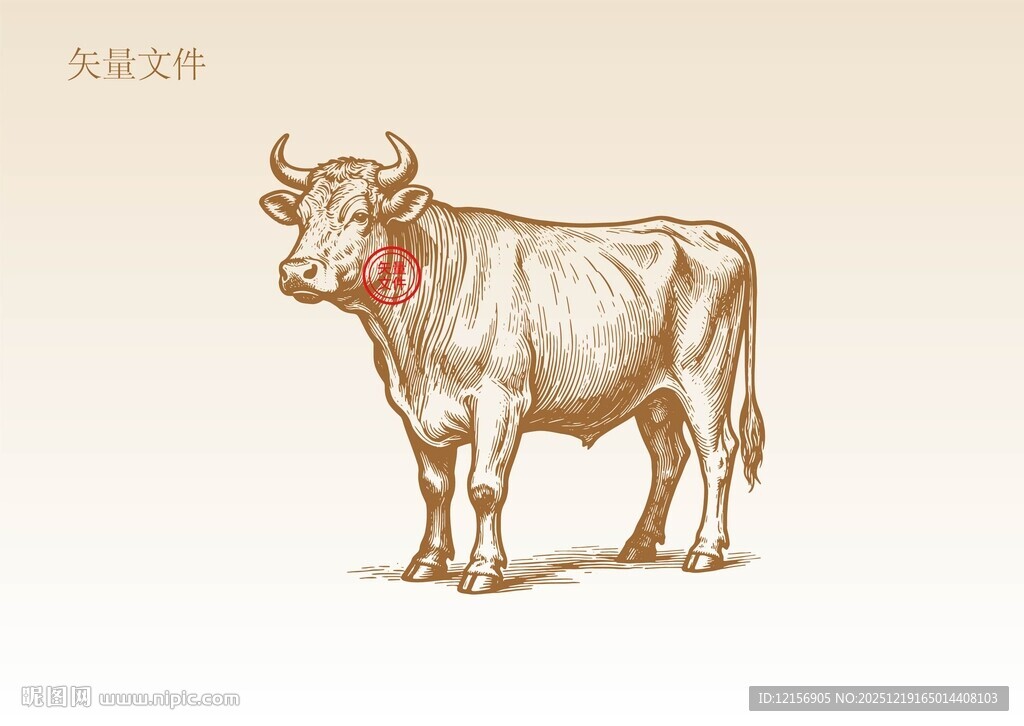 牛动物素描插画版画