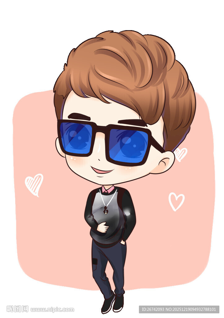 帅气卡通男孩戴蓝框墨镜Q版