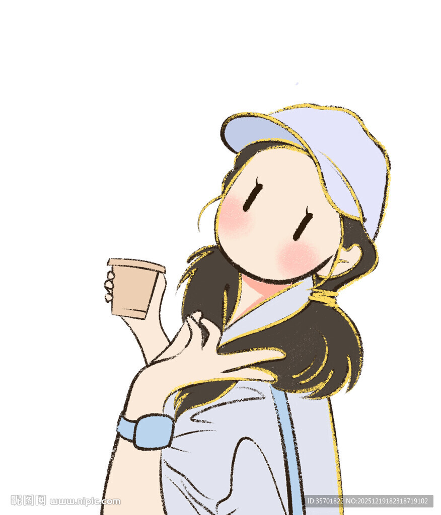 戴帽女孩手持咖啡微笑