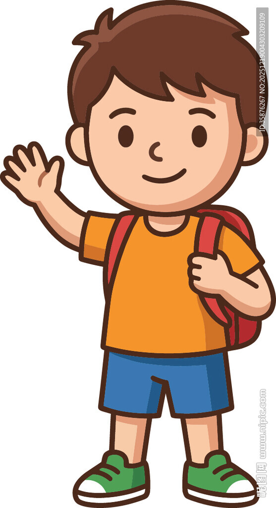 背着书包挥手的小男孩