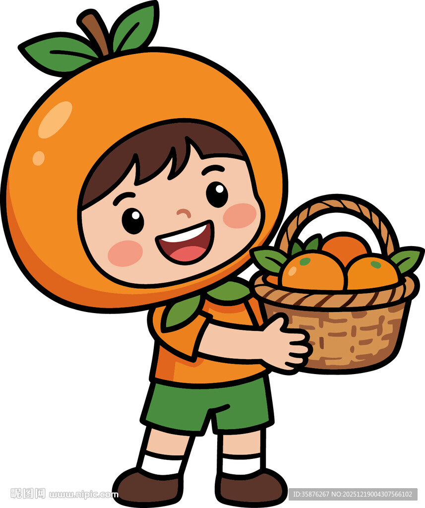 提篮橙衣小孩笑盈盈