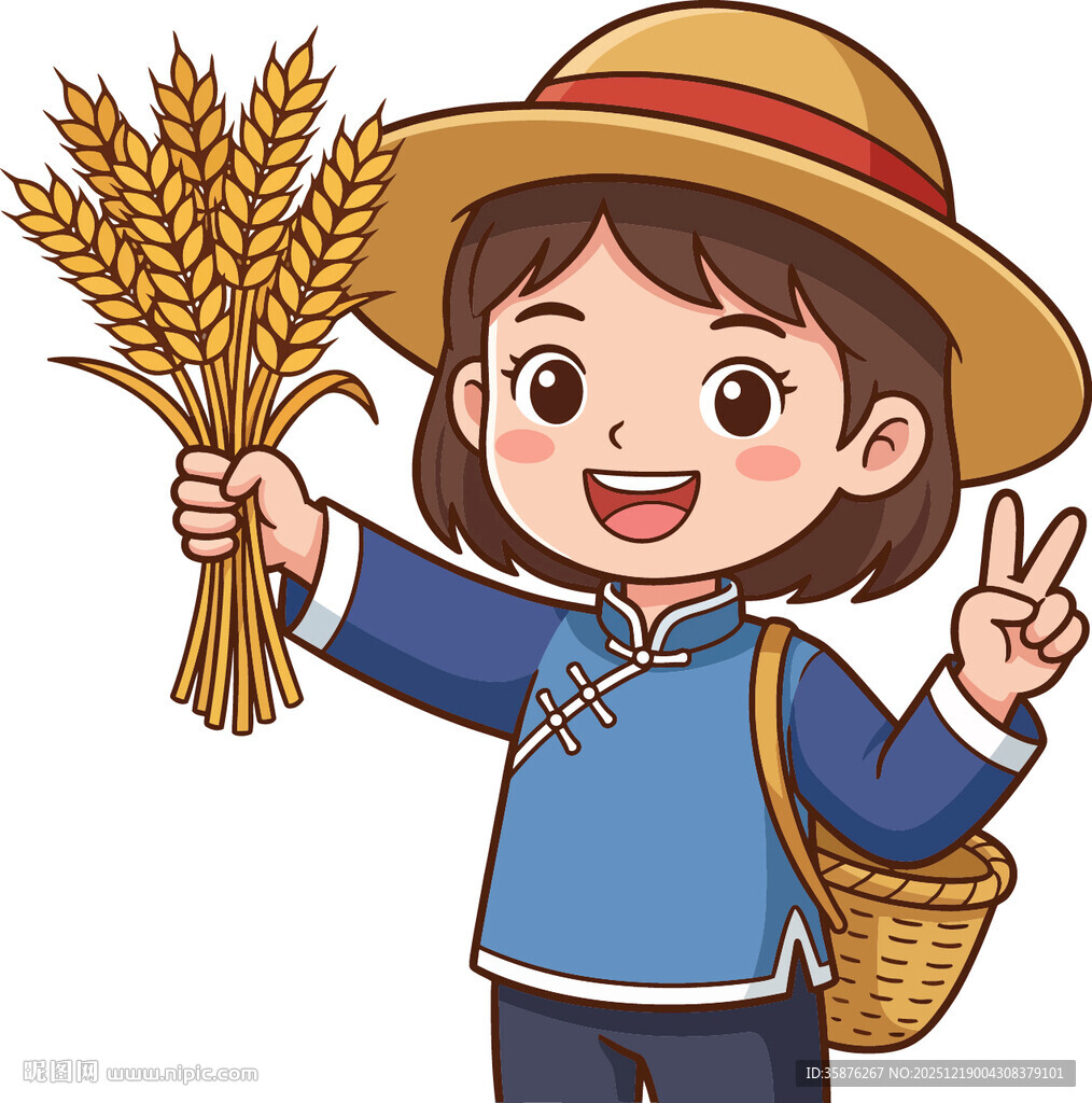 丰收女孩手持麦穗展笑颜