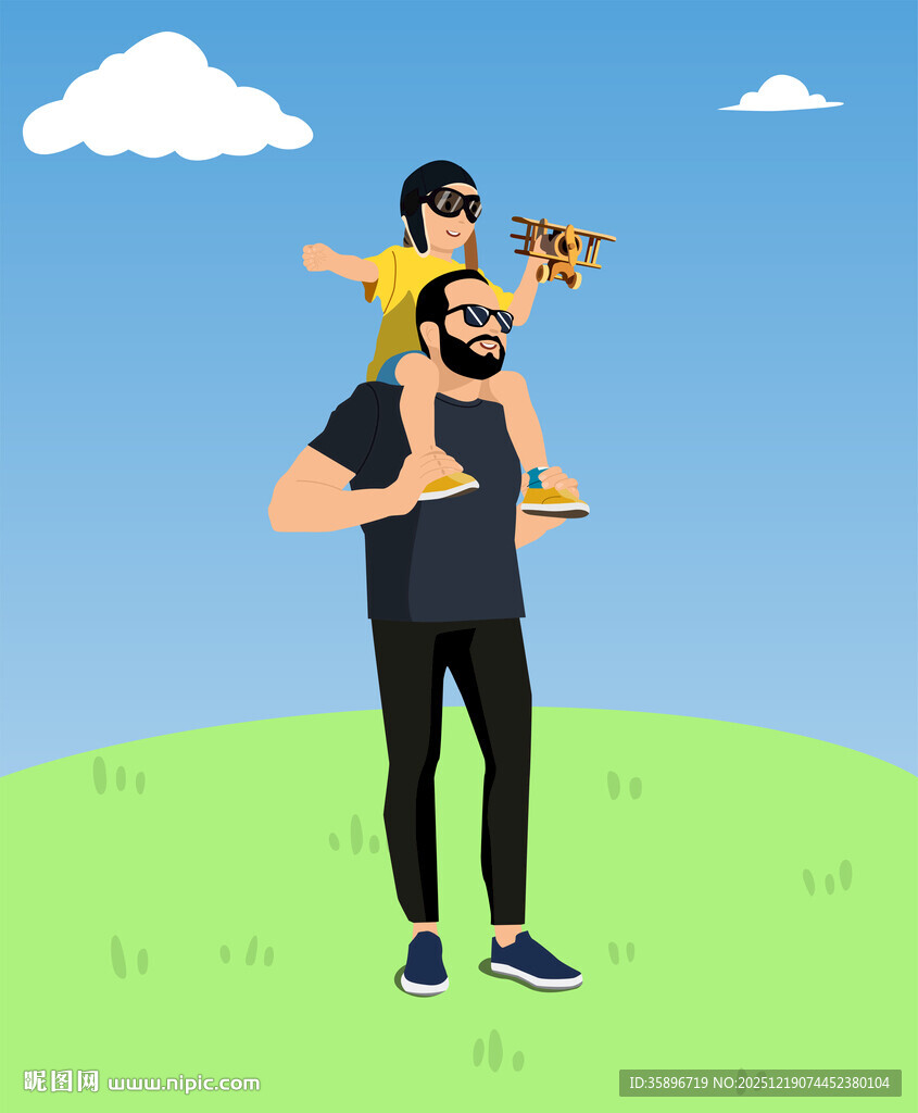 父亲肩扛孩子玩耍木飞机