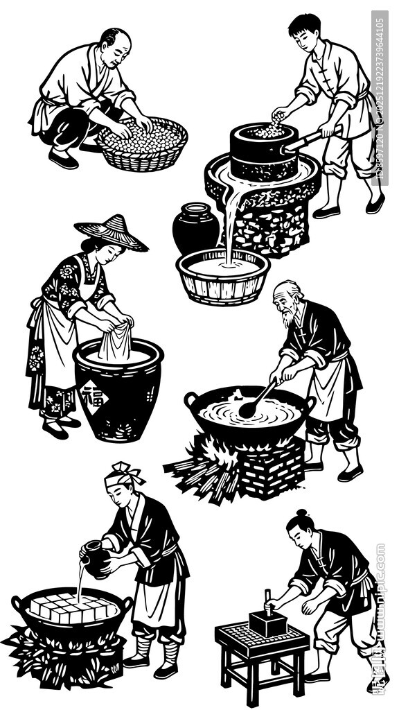 中国传统豆腐工艺流程黑白版画插